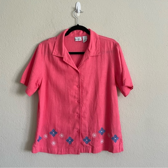 Kim Rogers Pink Floral Women's Top size M linen blend coastal summer gma core - Picture 1 of 6